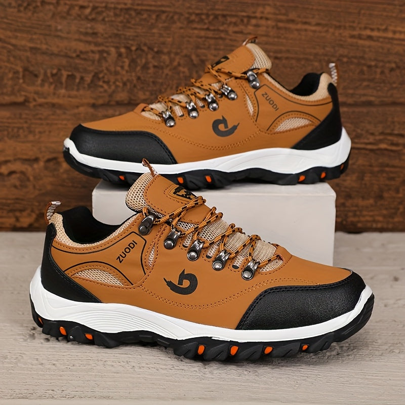 Men's Low-Top Lace-Up Outdoor Hiking Shoes, Durable Non-Slip Rubber Sole All-Season Sports Footwear with Plain Toe, PU Upper, Fabric Inner & Insole for Camping, Climbing - Black with Orange Accents, Allseason Sports Shoes | C