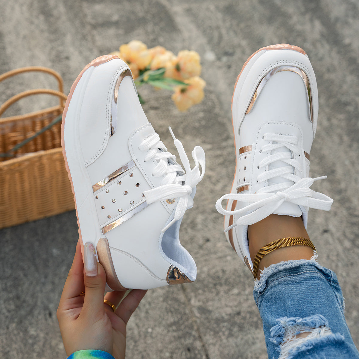Women'S Chunky Platform Sneakers - Pastel Yellow Pink Synthetic Cover Low-Top Lace-Up Shoes with Golden Accents, Breathable Fabric Lining, Durable PU Sole for All-Season Casual Wear, Ladies Sneakers, Comfortable Footwear