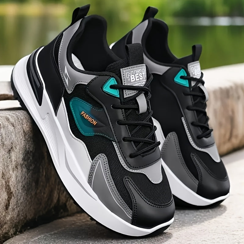 Men'S Breathable Running Sneakers with Gradient Design - Low-Top Lace-Up Casual Shoes, Durable PVC Sole, EVA Insole, Fashionable Black White Patterns, Ideal for All Seasons Outdoor Activities