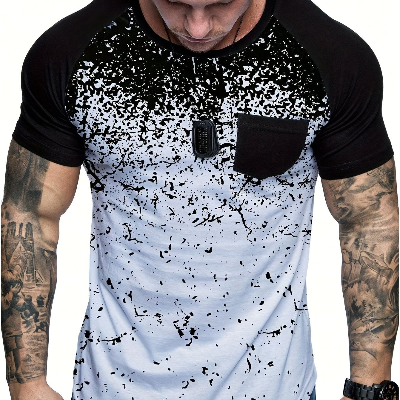 Chic Printed T-shirt, Men's Casual Street Style Stretch Round Neck Tee Shirt For Summer