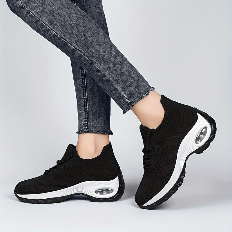 Women'S Breathable Mesh Casual Sneakers - Comfortable, Lightweight Running Walking Shoes with Air Cushion, Shock-Resistant Sole, Lace-Up Design in Black and White