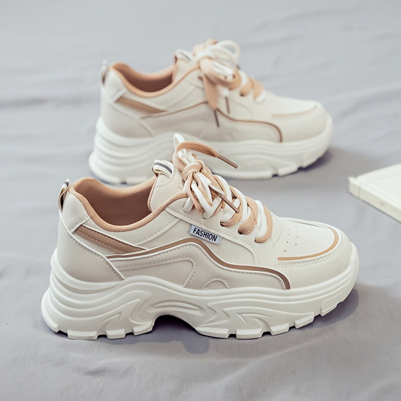 Women's Trendy Chunky Sneakers - Breathable Lace-Up Dad Shoes with Thick PVC Sole, White Beige Two-Tone Design, Versatile Low-Top Style for Casual Attire