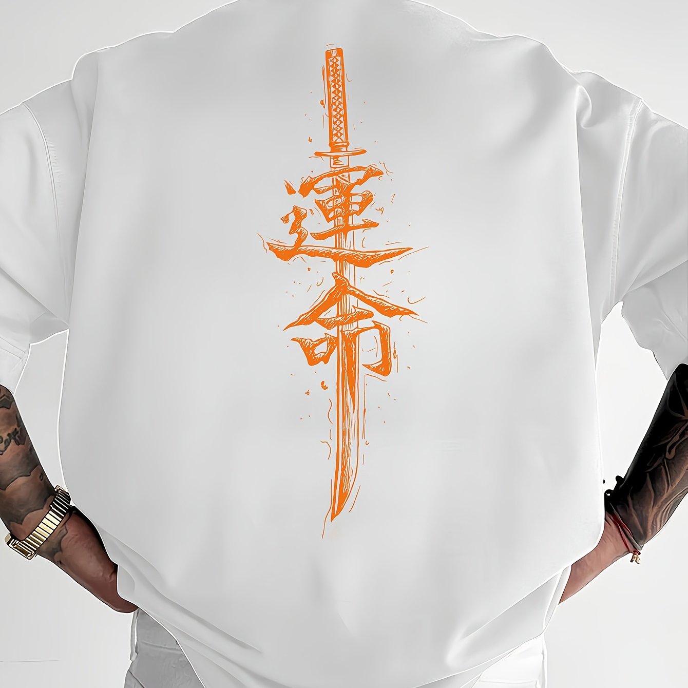 Men'S Japanese Samurai Sword Graphic T-Shirt - Casual Loose Fit Crew Neck, Short Sleeve Tee with Red Stylized Japanese Katanas Design, Breathable Polyester for Spring Summer Outdoor Wear