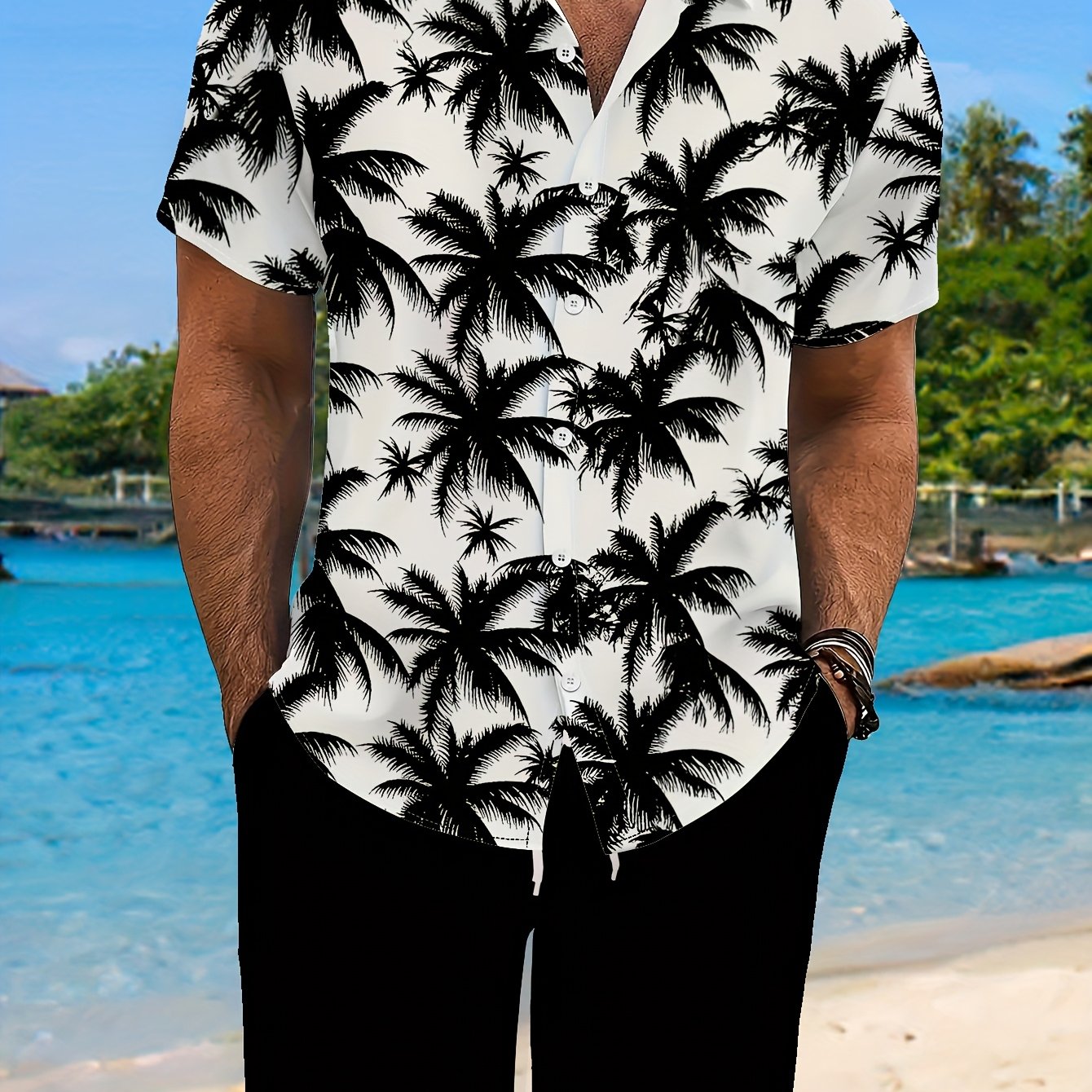 Men's Casual Summer Shirt Set, Black Palm Tree Pattern 3D Print, Loose Collar Short Sleeve Shirt and Drawstring Shorts 2pcs Set