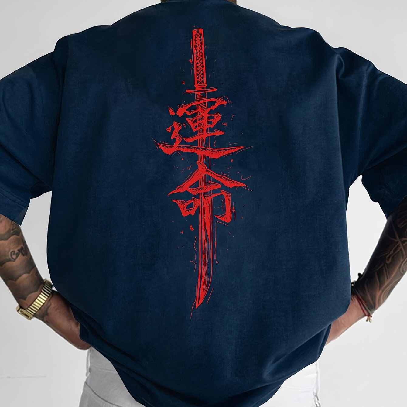 Men'S Japanese Samurai Sword Graphic T-Shirt - Casual Loose Fit Crew Neck, Short Sleeve Tee with Red Stylized Japanese Katanas Design, Breathable Polyester for Spring Summer Outdoor Wear