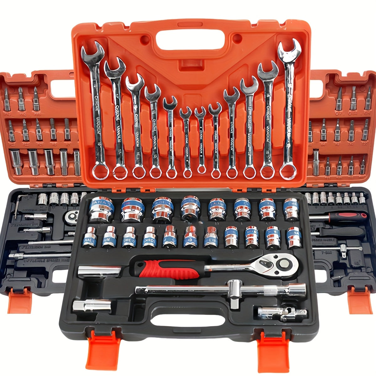 53/50pcs Chrome Vanadium Impact Socket Set, 3/8 Inch Drive, 6-Point Design, Includes SAE Sizes from 5/16 to 3/4 Inch and Metric Sizes from 8 to 22mm, with Ratchet Handle, Extension Bar, Adapter, and Glove