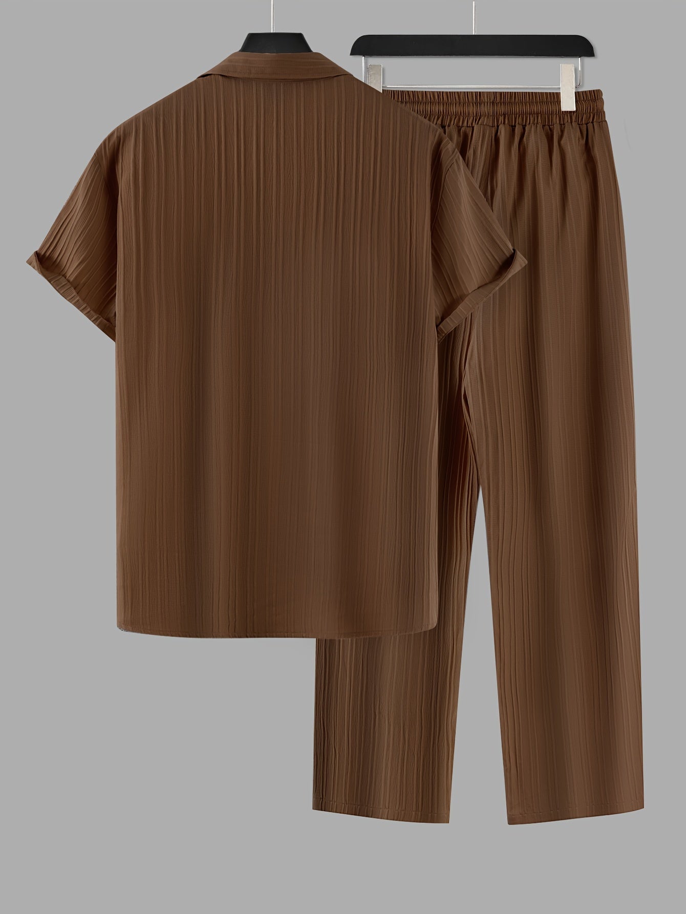 2-piece Men's Stylish Spring Summer Vacation Outfit Set, Men's Ruffled Short Sleeve Lapel Shirt & Drawstring Long Pants Set