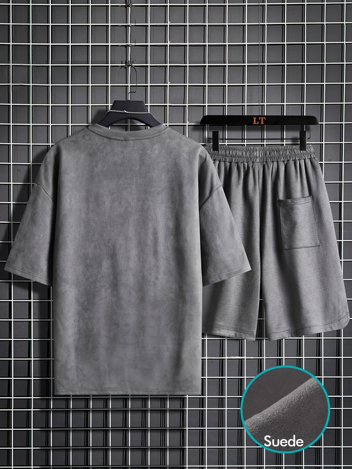 Two-piece Men's summer short-sleeve set, round-neck T-shirt, high-end solid color, half-sleeve, open-back hair clip, thin-fit shorts