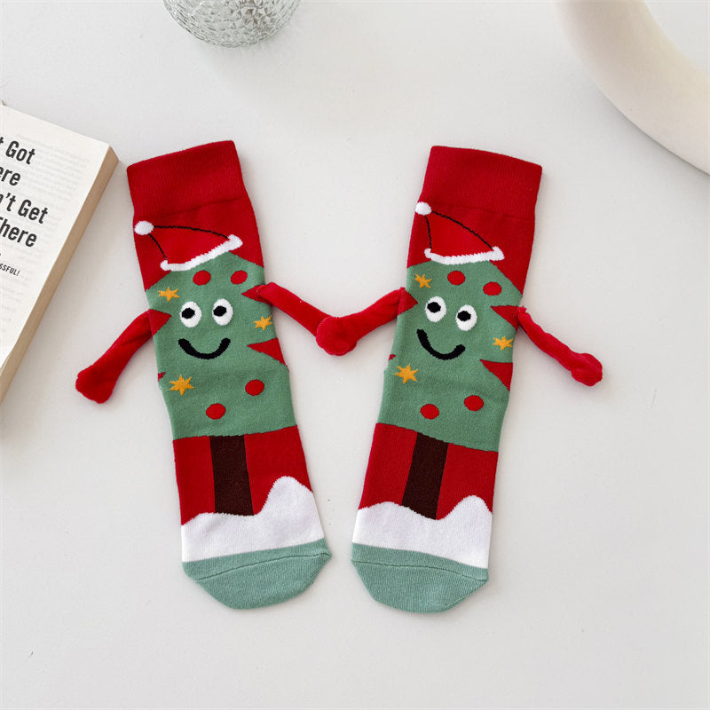 2-Pack Christmas Magnetic Holding Socks Women's Mid-Calf Socks(Tree, Santa) Winter Cute Couple Socks Unisex Meets Xmas, Halloween wear, warmth& gifting needs Magnetic, versatile Suitable for Xmas costumes, Halloween looks, wi