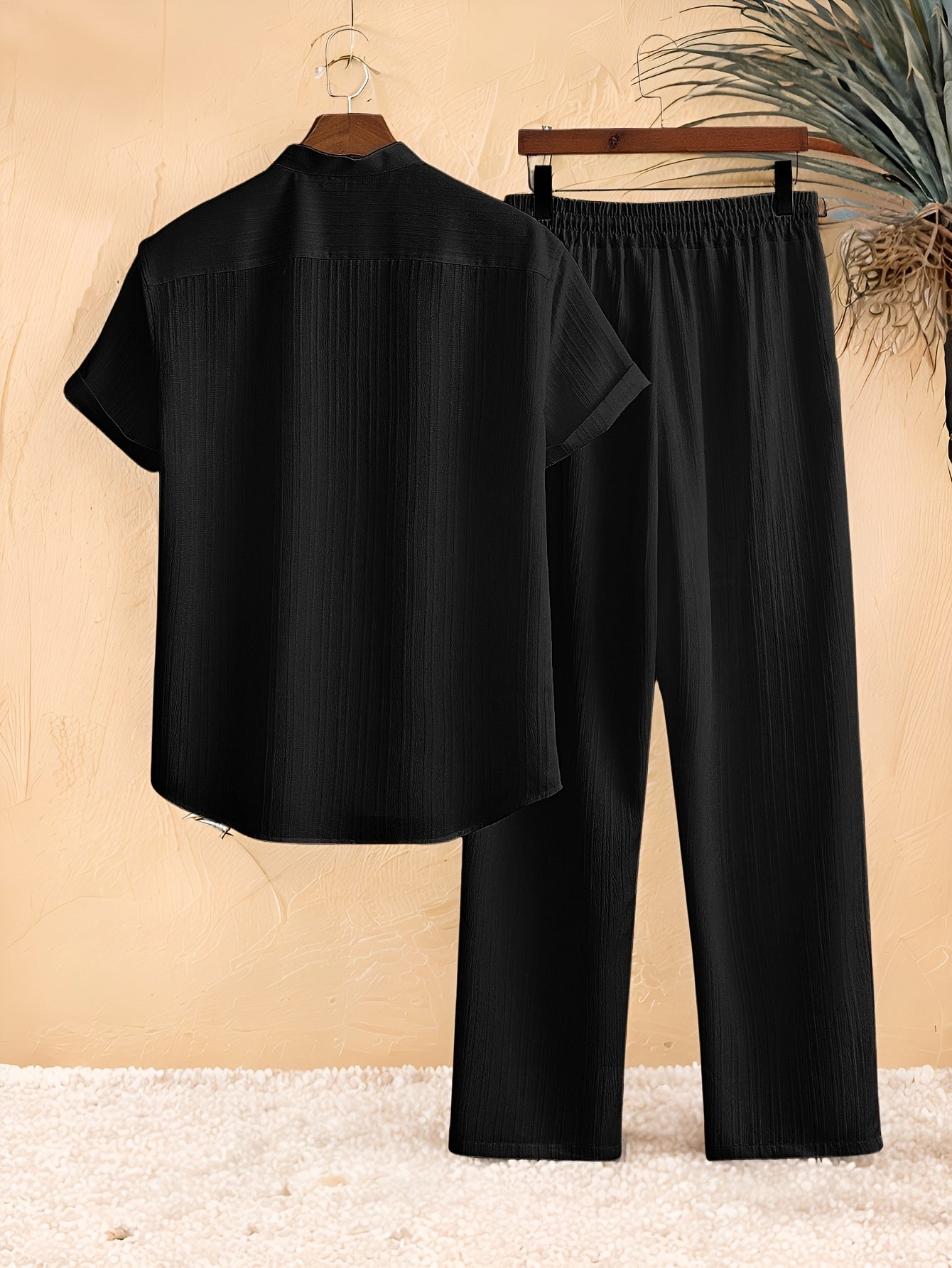 Casual 2pcs Set: Short Sleeve Stand Collar Shirt + Tie Straight Leg Pants, Suitable for Vacation Beach Outdoor Leisure Party