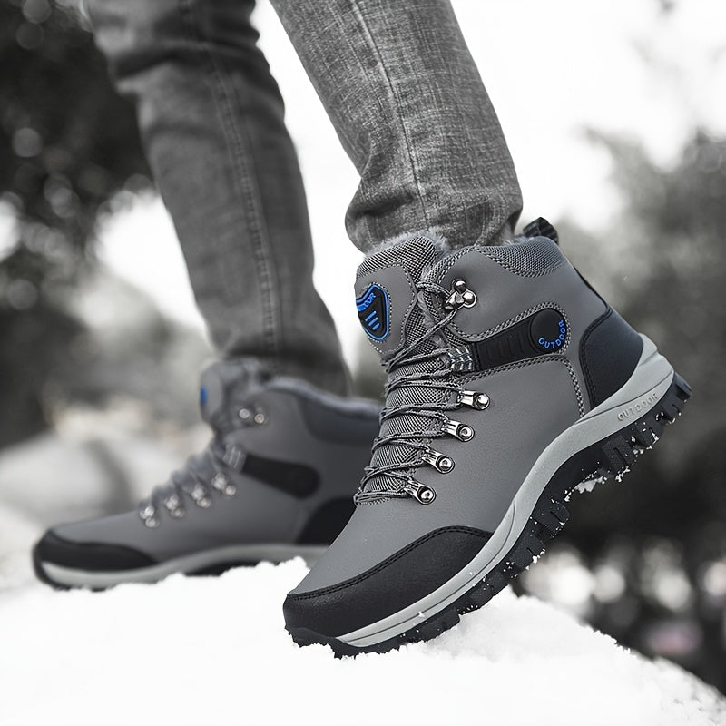 Men'S Winter Snow Warm Hiking Boots, Plush Ankle Boots, Lace-Up Outdoor Trend Style, Suitable for Hiking on Snowy Ground