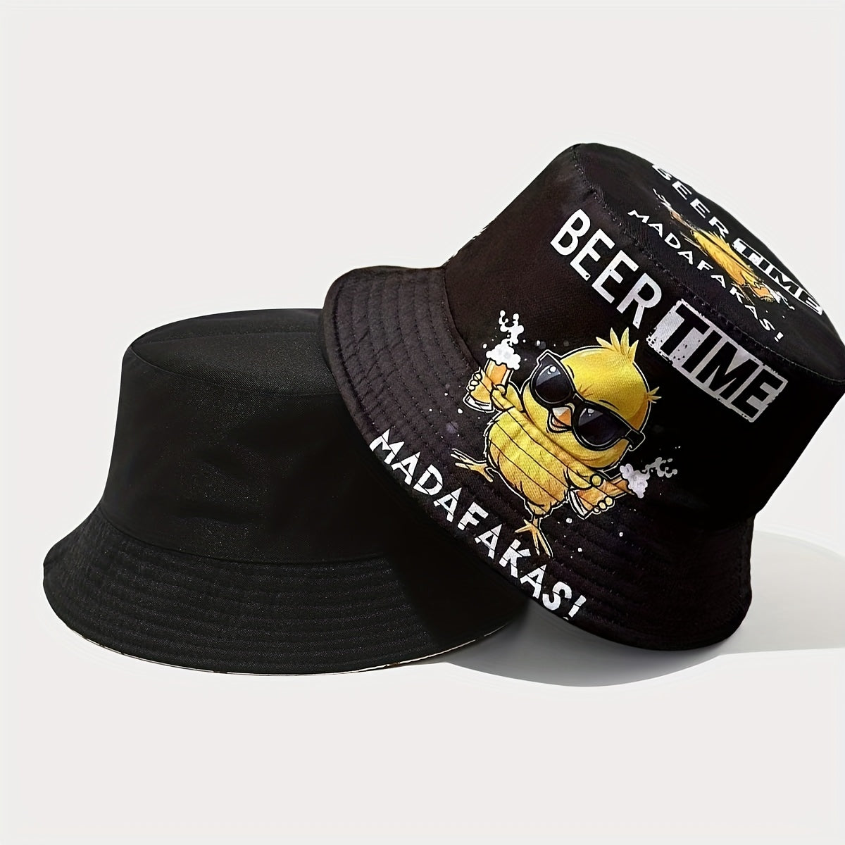1pc Summer New Arrival Beer Time Duck Print Reversible Bucket Hat - Fun Beach & Streetwear, Sun Protection, Lightweight Polyester, Black with Colorful Graphics, Reversible Fashion | Street Style Hat | Woven Texture