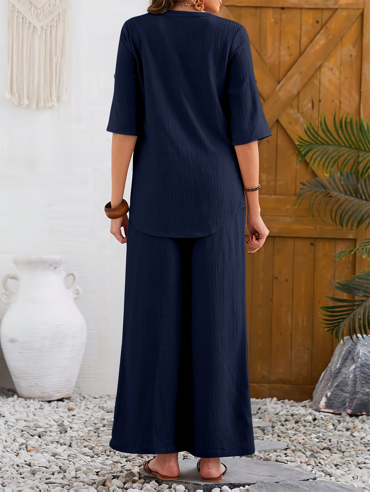 Women'S Large Size Elegant Wide Leg Pants Short Sleeve Top Set with Fake Buttons, YUKIWI