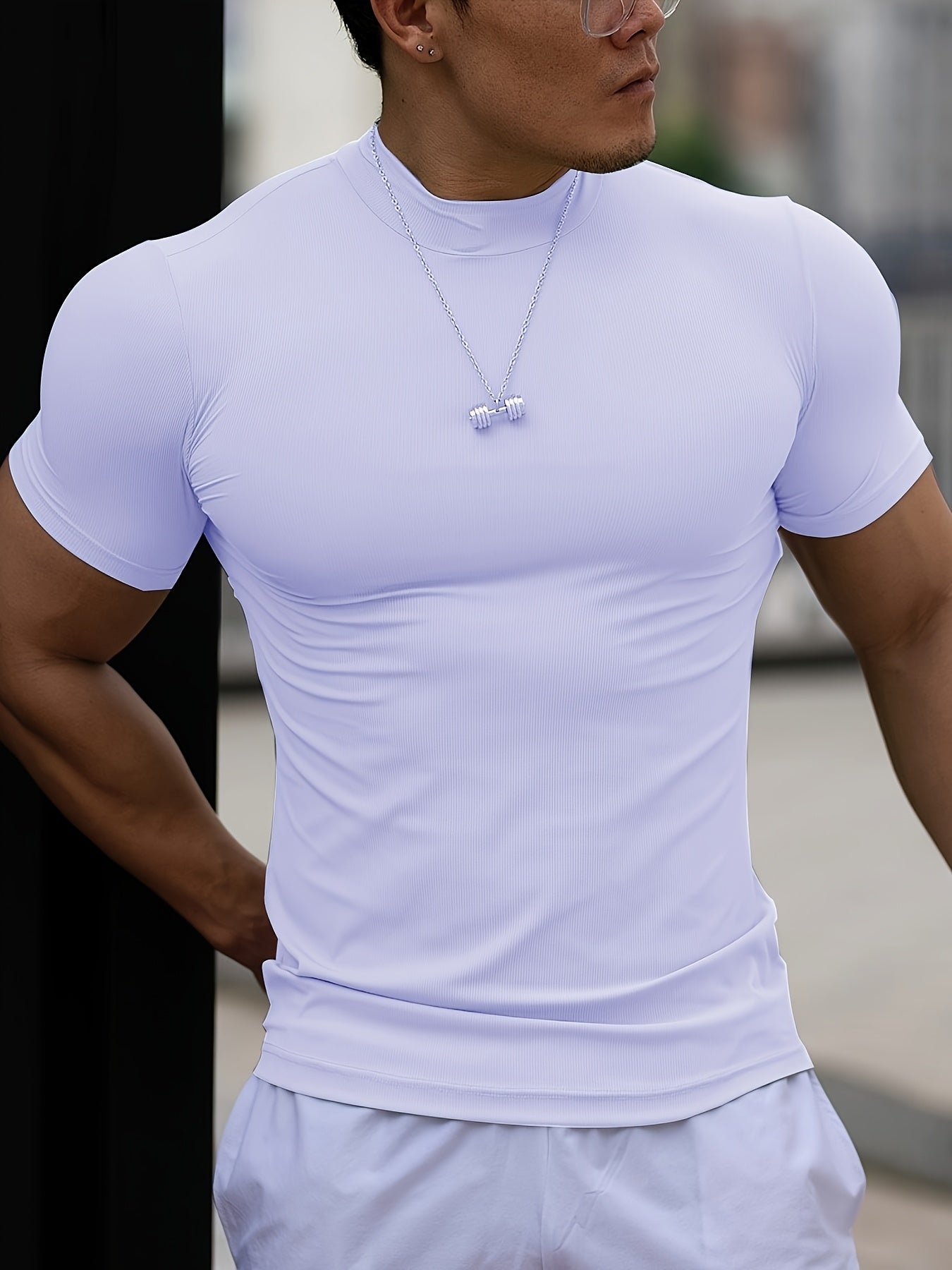 Men'S White Short Sleeve T-Shirt - Stretchy, Moisture-Wicking, Round Neck, Casual Fitness Wear for Summer, Sporty Style, Sportswear Tee Sporty Neckline Stretchy Fabric