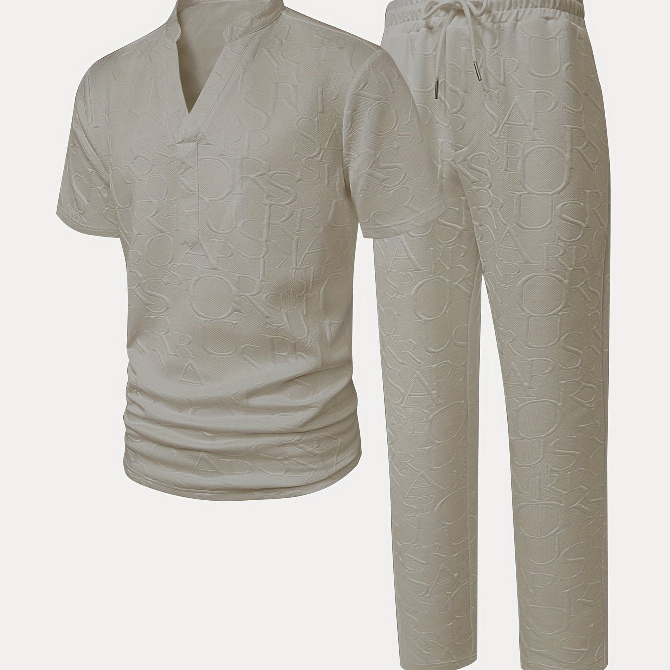Men'S Stand Collar Loose V-Neck and Drawstring Waist Pants Henley Shirt Set