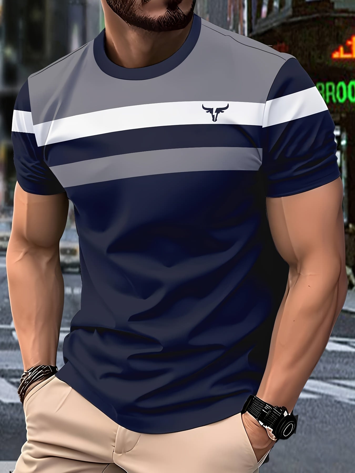 Men'S 3D Digital Print Short Sleeve T-Shirt - Vibrant Color Block Stripes Bull Head Logo, Breathable Lightweight Fabric, Regular Fit All-Season Casual Top, Durable Urban Style Tee, Versatile Clothing, Modern Fashion, Comfor