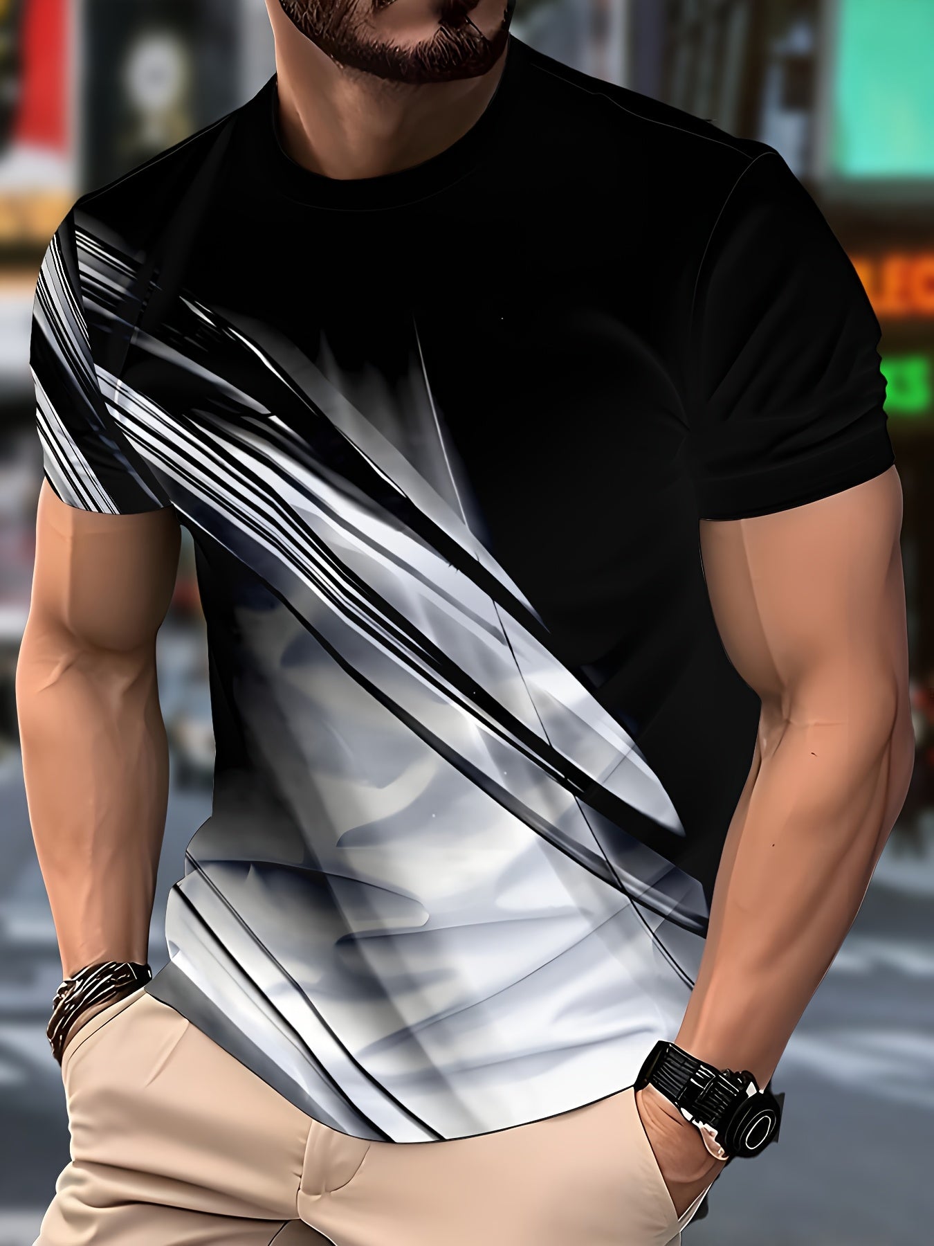 Men'S Casual Crew Neck T-Shirt with Abstract Black White Design - Soft Fabric, Regular Fit, Casual Attire Modern Casualwear Stretchable Fabric