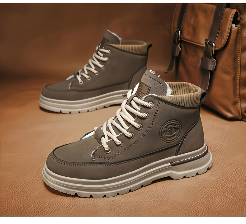 Men's Winter Snow Boots with -Like Collar & Thick Ankle - Upper, PVC Traction Tread, Lace-Up Ankle-High Trekking Boots for Ice, Snow, Hiking, - Warm Outdoor & Casual