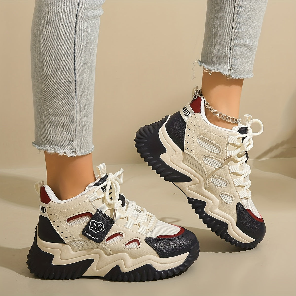 1 Pair Women'S Mid-Top Casual Sneakers, Fashion Mesh Design, Lace-Up Closure, Fabric Upper Lining, Faux Sole, Textile Insole - Spring Season Footwear