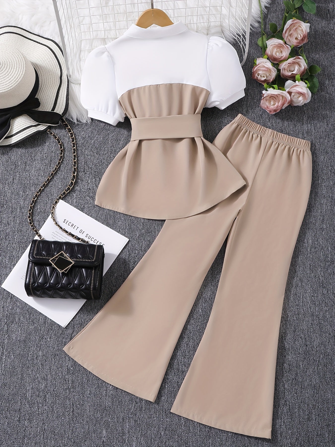 Girls' Slim Contrast Pants Set with Puff Sleeve Top for Spring