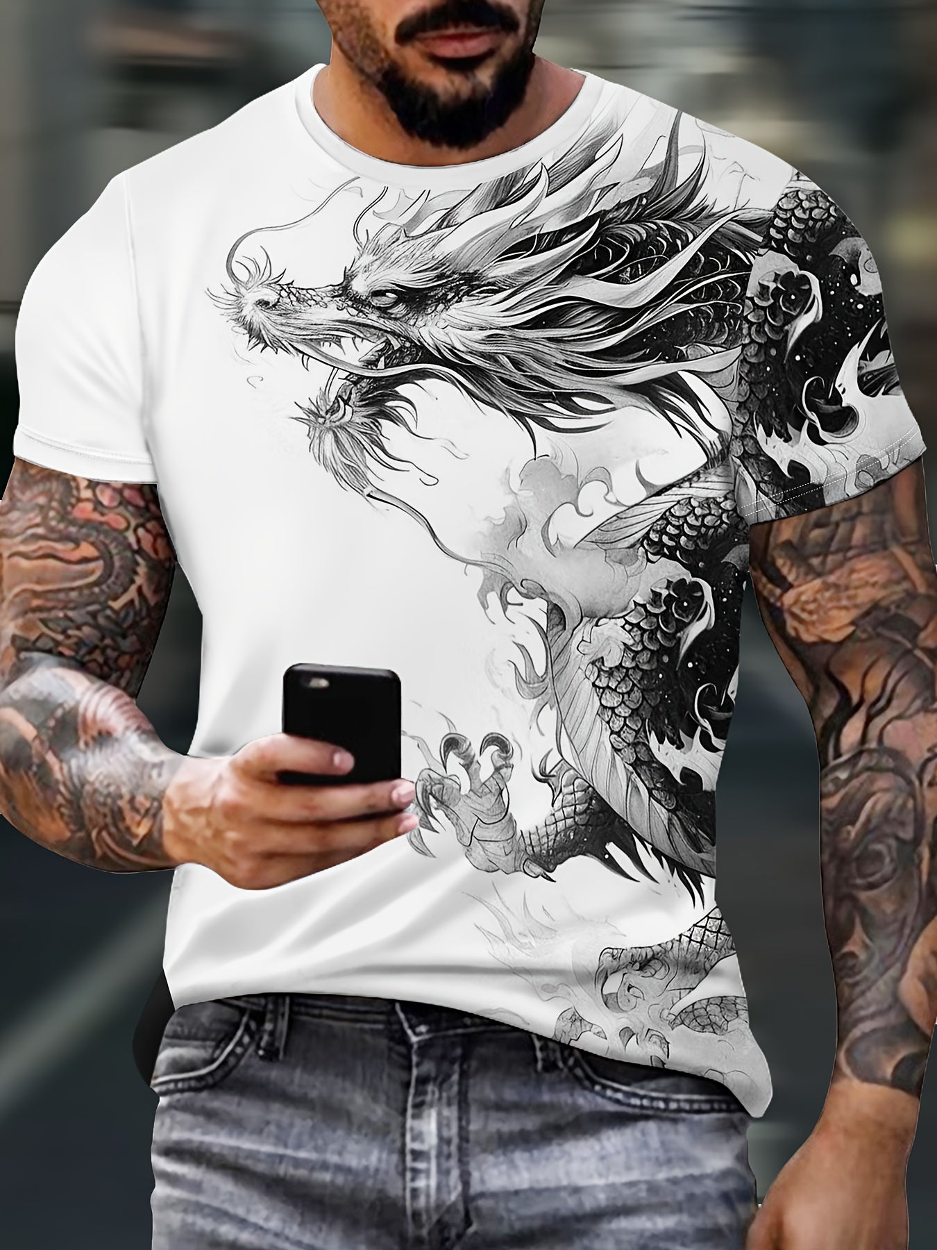 Men's Bold Dragon Graphic Tee - Short Sleeve, Crew Neck, Polyester Blend - Perfect for Summer Outings Casual Wear