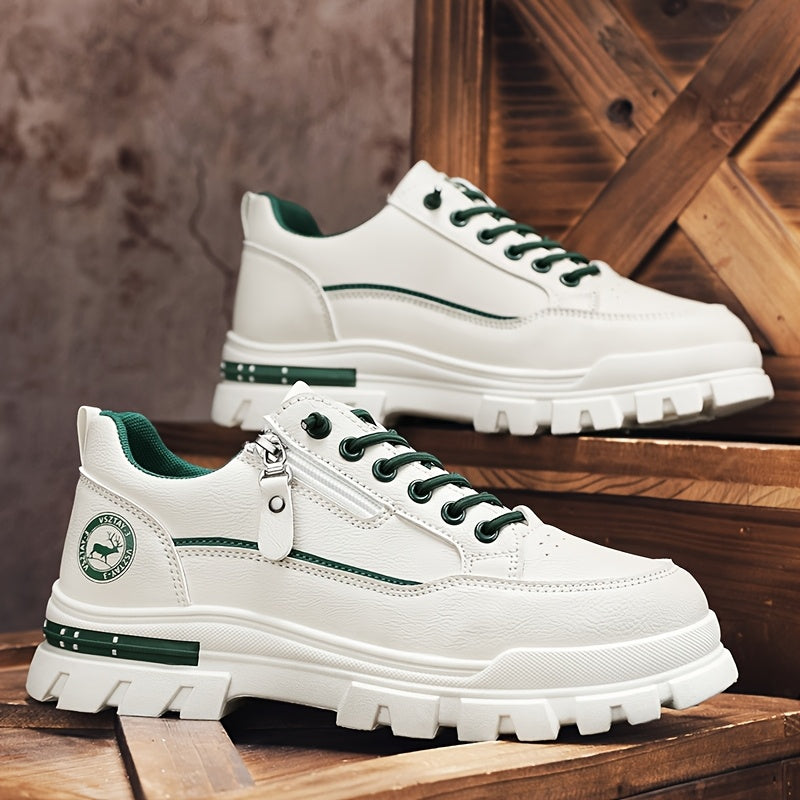 Men's Casual Sneakers - White Green Low-Top Design, Comfortable PU Upper with Fabric Lining, Durable PVC Sole, Perfect for Casual Attire and Sports