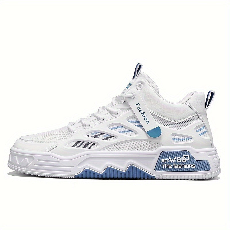 Men's High Top Fashion Sneakers Graphic Print Lace-Up Casual Skateboard Shoes with Round Toe, PU Mesh Upper, Fabric Lining, and Rubber Sole