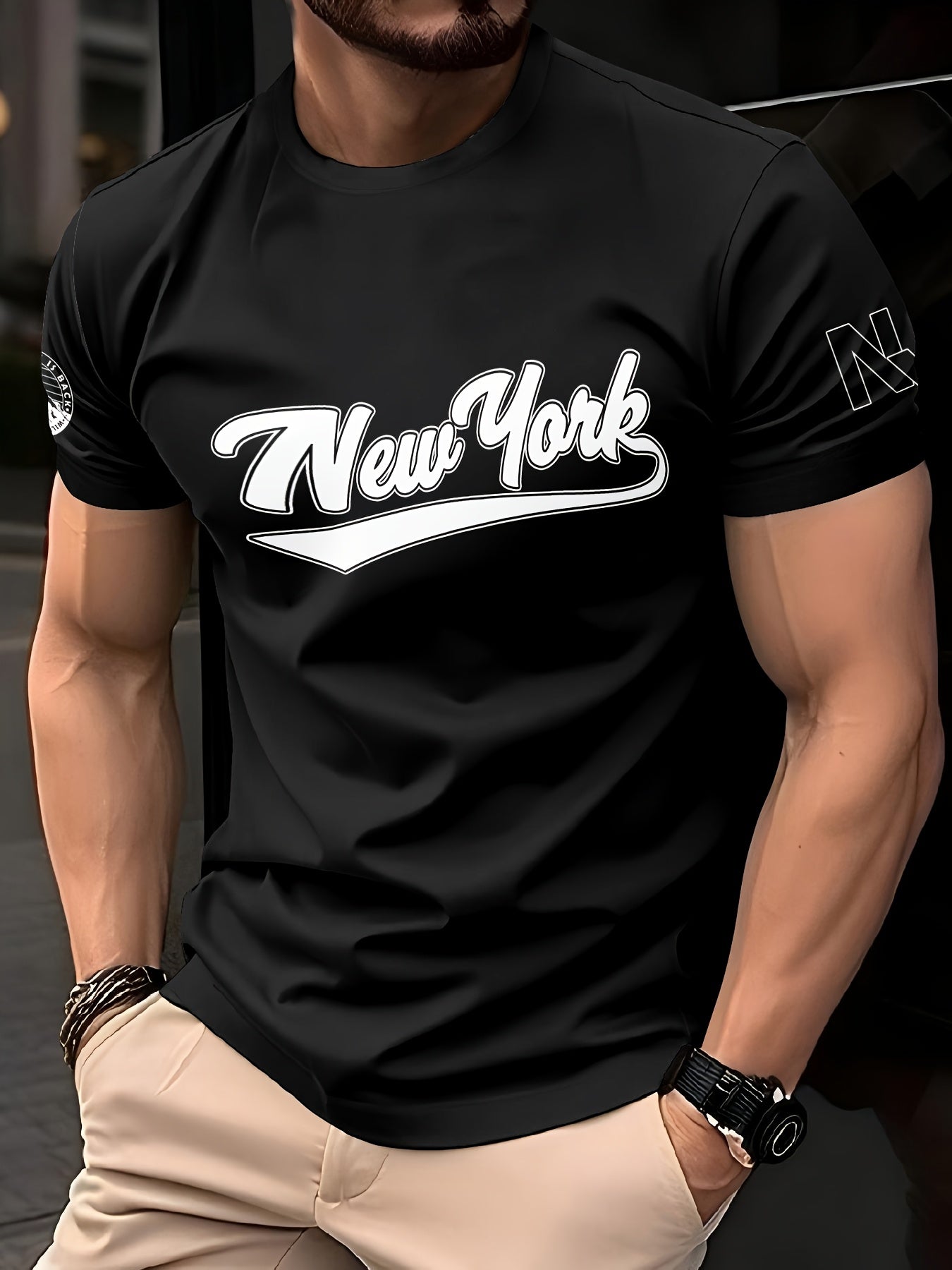 1pc Men's Summer Breathable Quick-Dry T-Shirt - 100% Polyester Moisture-Wicking, Casual Short Sleeve Round Neck Tee with New York Graphic Print for Outdoor Sports Casual Attire
