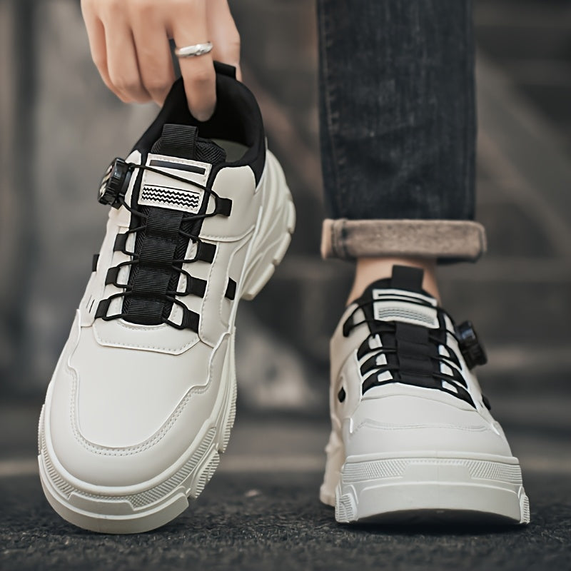 Men'S 2025 Spring Sneakers - Low-Top Lace-Up Casual Shoes with Rotating Button Closure, Breathable Mesh Lining Cushioned EVA Sole for Running, Hiking, Gym - White Black Design, Hiking Footwear, Modern Sneakers, Fabric Lin