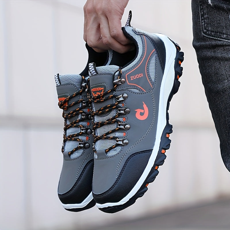 Men's Low-Top Lace-Up Outdoor Hiking Shoes, Durable Non-Slip Rubber Sole All-Season Sports Footwear with Plain Toe, PU Upper, Fabric Inner & Insole for Camping, Climbing - Black with Orange Accents, Allseason Sports Shoes | C