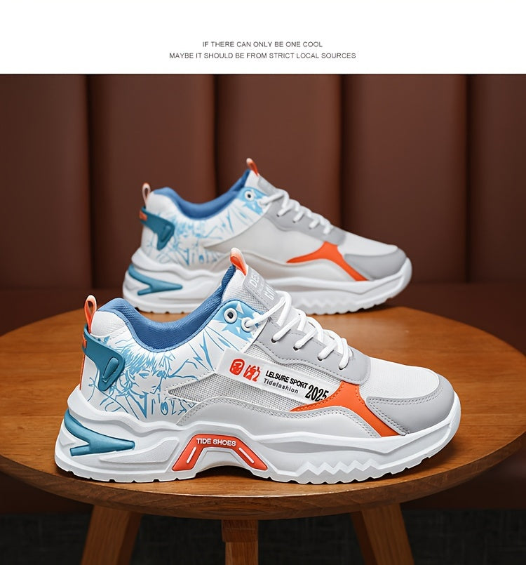 Men's Stylish Platform Sneakers with Wave Pattern - Comfortable, Non-Slip Durable for Outdoor, Campus Walks Travel Lace-Up, Breathable Design, for Autumn, Spring