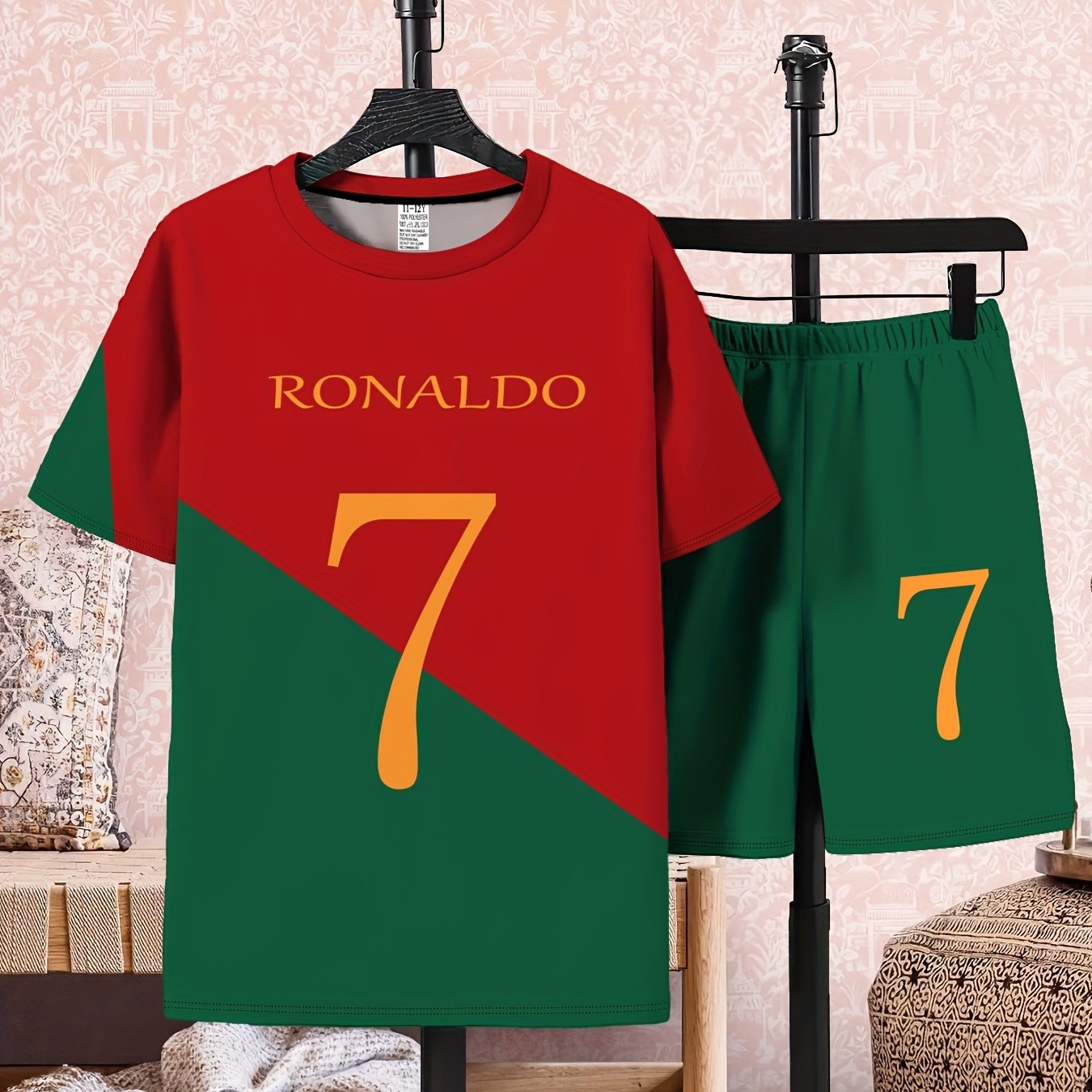 New Stylish Football Number 7 Character Print 3D Printed Top and Shorts Set for Girls and Boys, Kids' Short Sleeve Outfit, Perfect for Outdoor