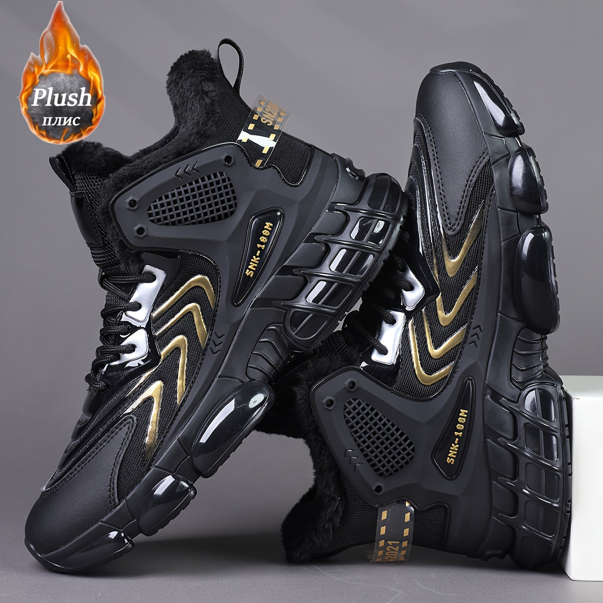 Men's Winter Warm High-Top Sneakers - Thermal Insulated PU/Fabric Upper, Golden-Tone Buckle & Strap Closure, Cushioned TPU Sole, Black/White/Golden Sneakers for Casual, Running, Everyday Winter Wear - All-Terrain Traction, Du