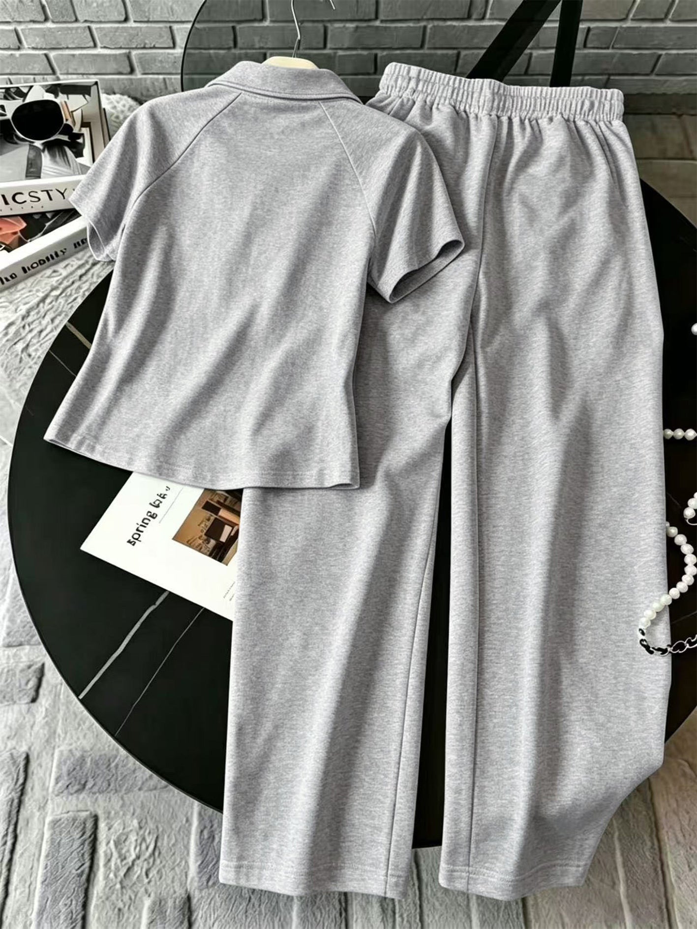 Retro Polo Neck Top & Wide Leg Pants Set with Side Stripe