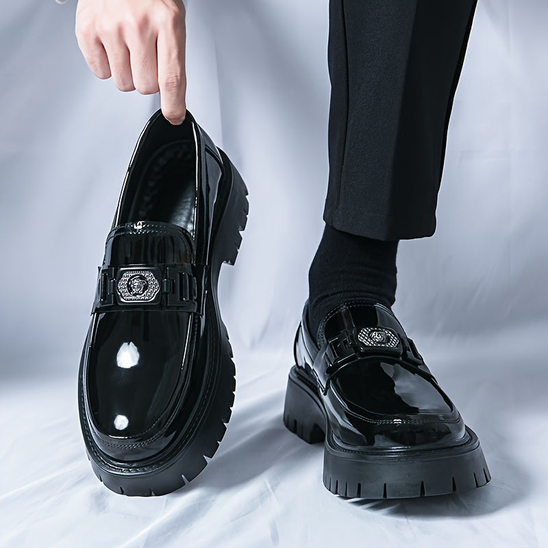 Men'S Black Soft Patent Platform Chunky Heel Loafers Fashion Tassel Business Casual Formal Work Shoes Non-Slip Lug Sole Slip-On Penny Loafers