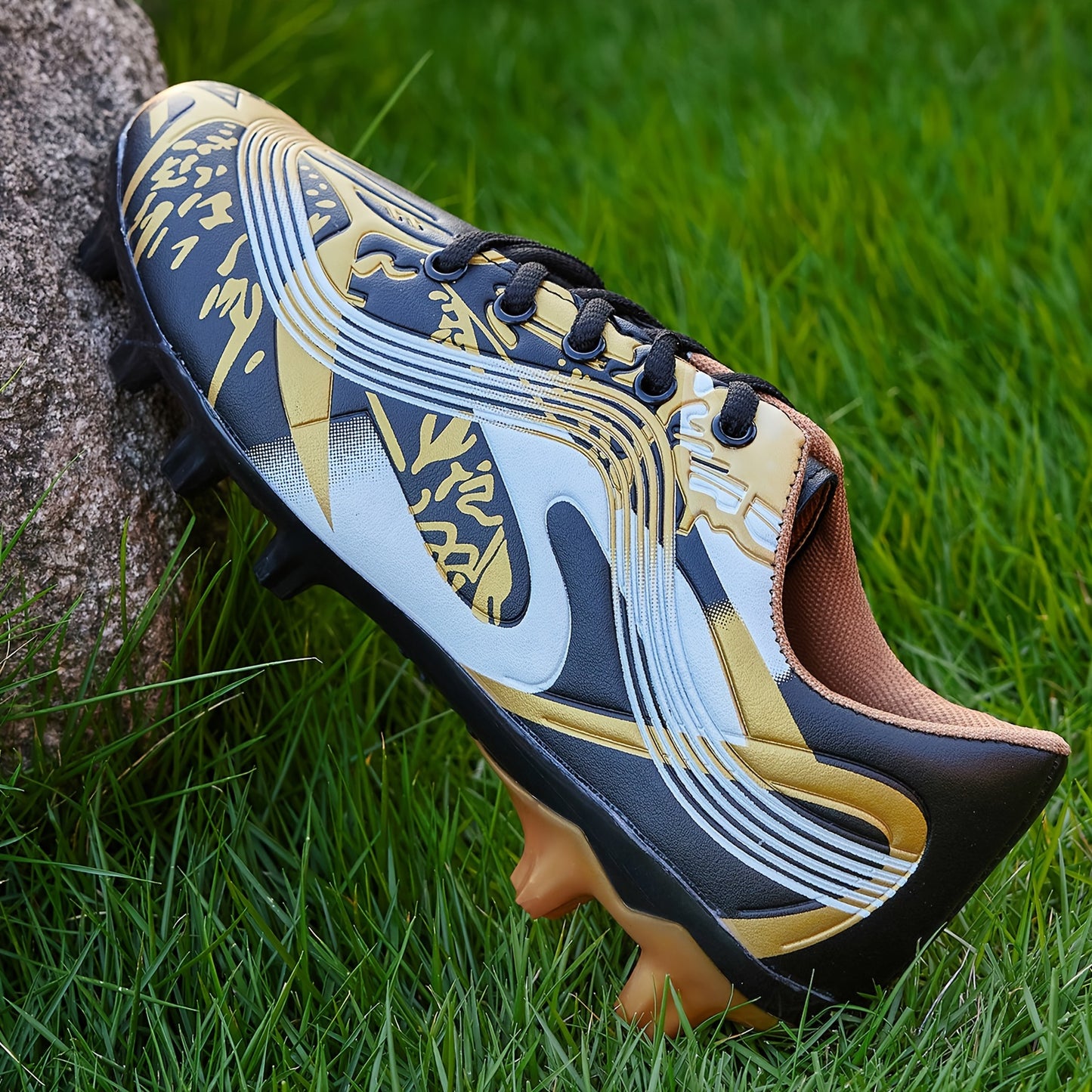 1 Pair Youth Soccer Cleats - All-Season Outdoor Athletic Footwear with Striped Pattern, Breathable Synthetic Upper, Rubber Sole for Training & Running