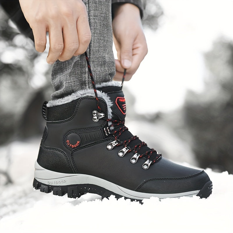 Men'S Winter Snow Warm Hiking Boots, Plush Ankle Boots, Lace-Up Outdoor Trend Style, Suitable for Hiking on Snowy Ground