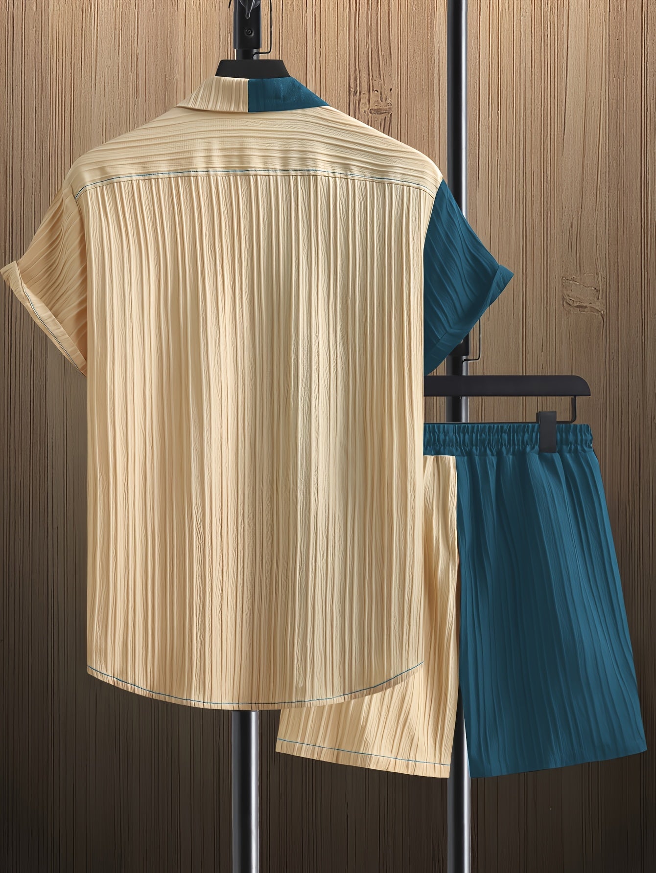 Men'S Casual Summer Polyester Shirt and Shorts Set, Regular Fit, Color Block, Lapel Collar, Slight Stretch Fabric, Lash Sets, Active Wear