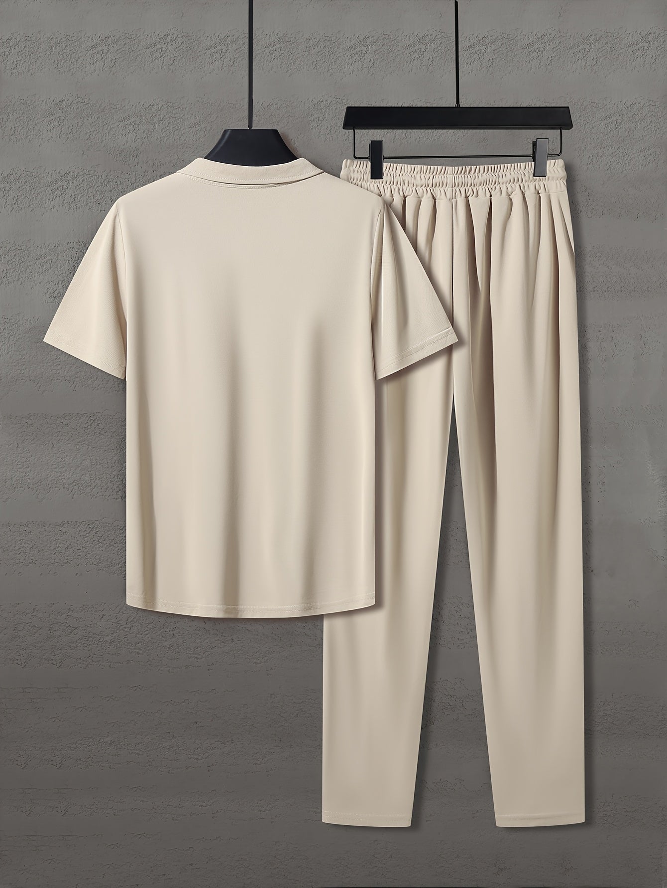 Men'S Summer Solid Color Trendy Casual Suit Collared Short Sleeve Long Pants Suit, Perfect for Outdoor