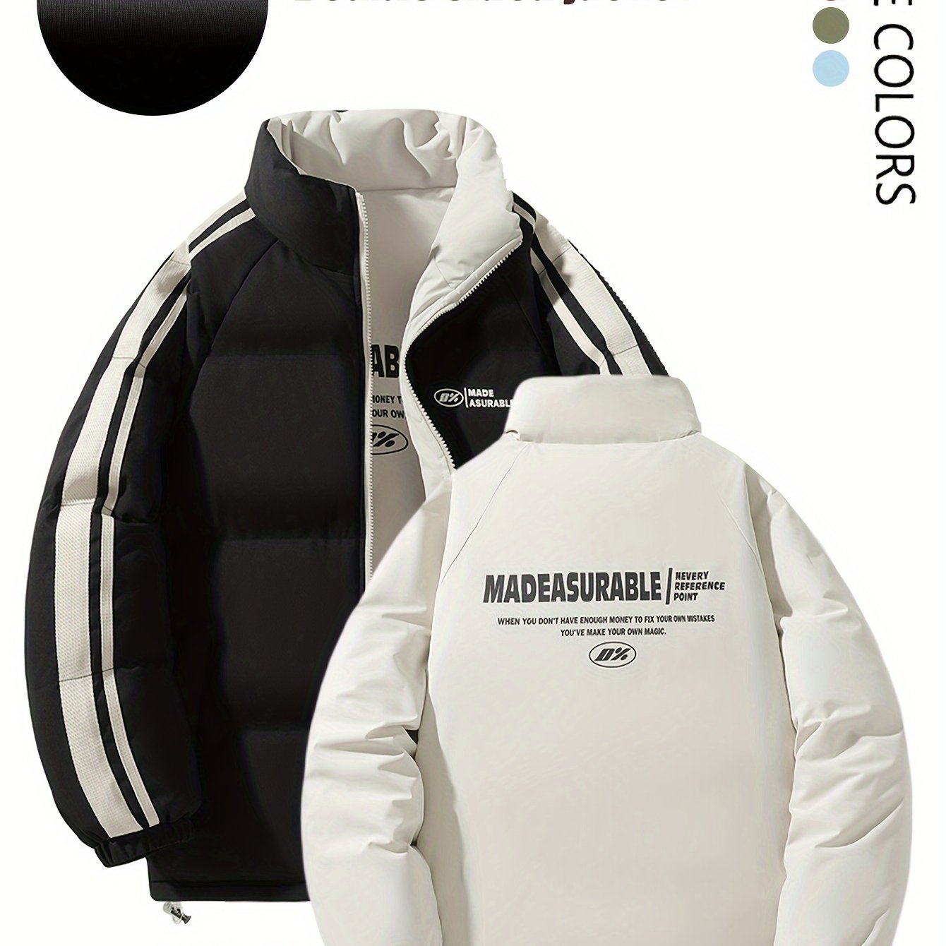 Men'S Double-Sided Winter Jacket - Thickened Stand Collar, Zip-Up Casual Long Sleeve Coat with "MADEASURABLE" & "I CONUT" Branding, Black & White, Regular Fit for Autumn & Winter, Autumn Outerwear, Bold Lettering, Durable Fab