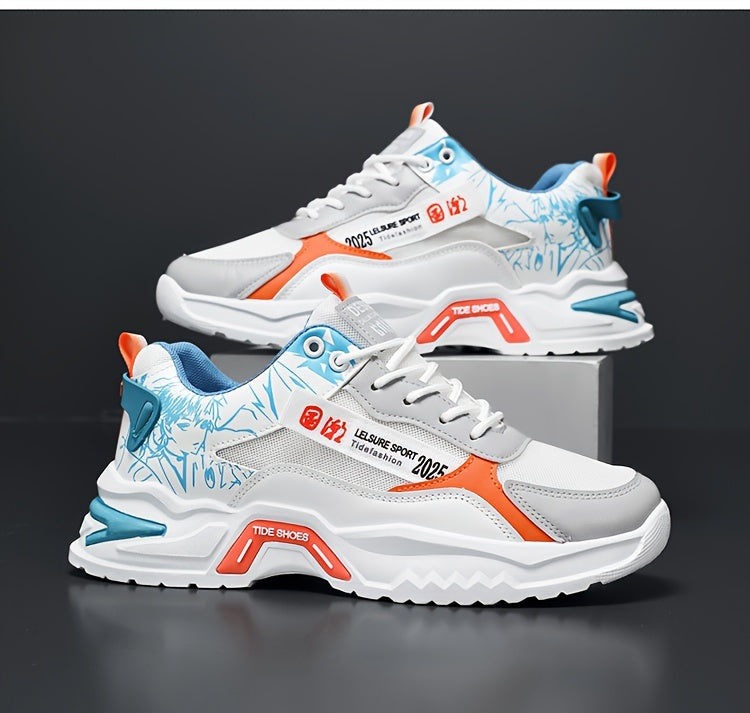 Men's Stylish Platform Sneakers with Wave Pattern - Comfortable, Non-Slip Durable for Outdoor, Campus Walks Travel Lace-Up, Breathable Design, for Autumn, Spring