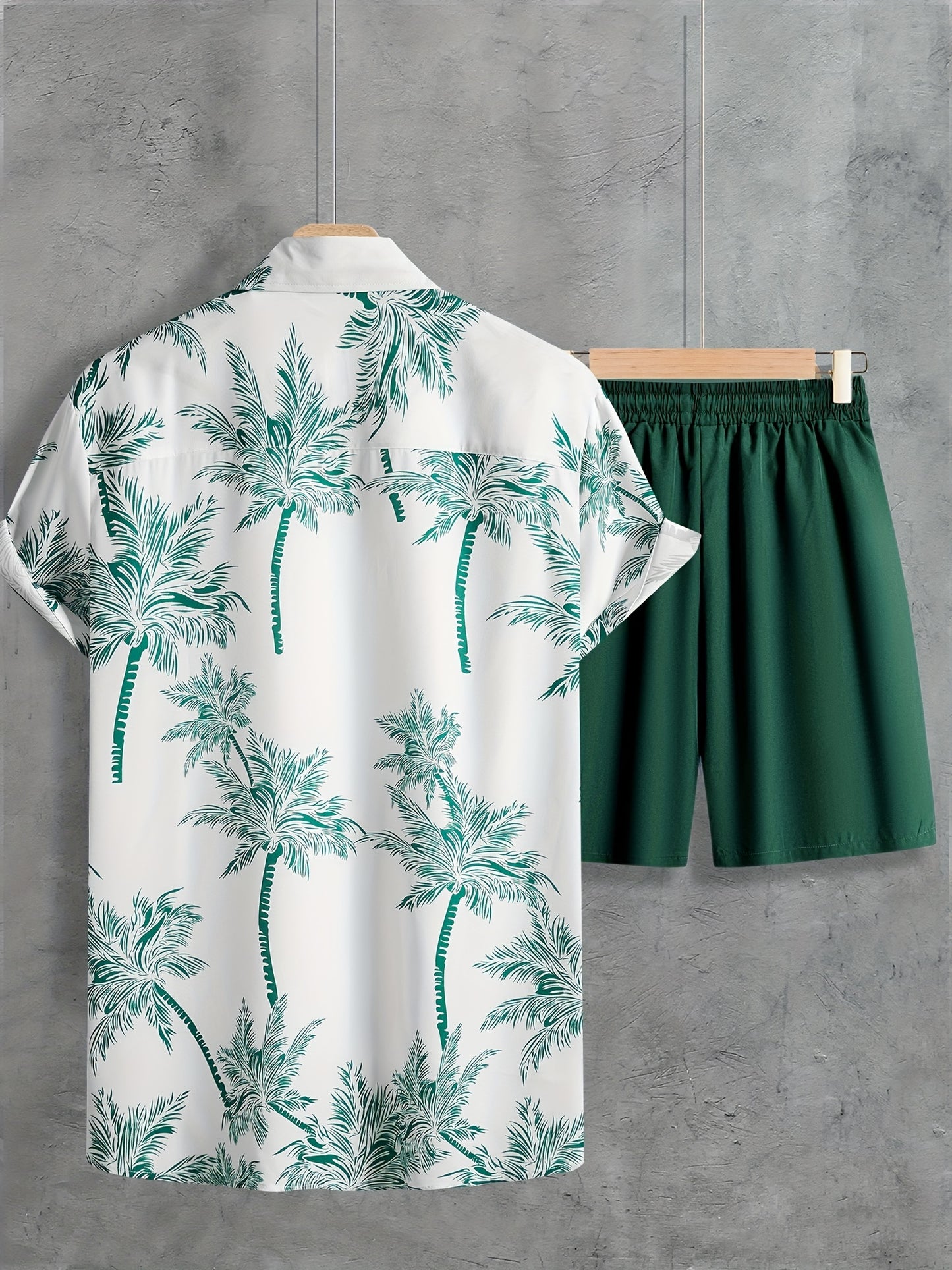 Coconut Tree Print, Men's 2Pcs Outfits, Casual Camp Collar Lapel Button Up Short Sleeve Shirts Hawaii Shirt And Drawstring Shorts Set For Summer, Men's Clothing