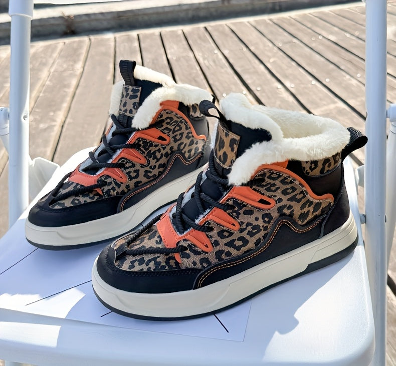 Women'S Stylish Leopard Print Winter Sneakers - Warm Fleece-Lined Casual Shoes with Thick Cushioned PVC Sole, Black & Orange Design, Perfect for Fall/Winter, Winter Sneakers | Leopard Print Shoes | Durable PVC Sole