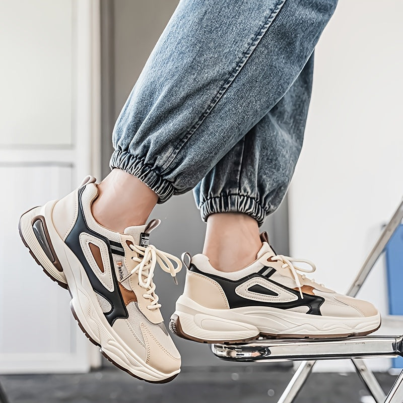 Men's Fashion Sneakers - White/Black/Brown PU Upper, Breathable Fabric Lining Cushioned EVA Insole, Durable PVC Sole, Lace-Up Mid-Top Design for All-Season Casual Daily Wear, High Top Sneakers, Versatile Footwear, Modern