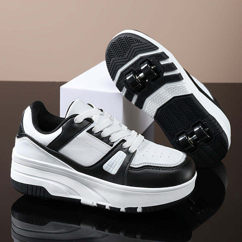 Boys' Fashion Roller Skate Footwear - Non-Slip Dual Wheel, Lace-Up with Durable Buckle Straps, Black & White, Suitable for All Seasons