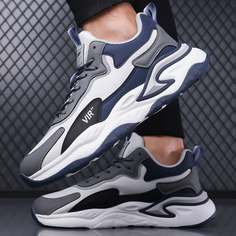Men's Stylish Color-Block Sneakers - Black Gray with White Accents, Comfortable All-Day Wear, Durable Rubber Sole, Lace-Up Design, Trendy Low-Top Style for Casual or Athletic Use, Casual Sneakers Fashion Sneakers Pu Mat