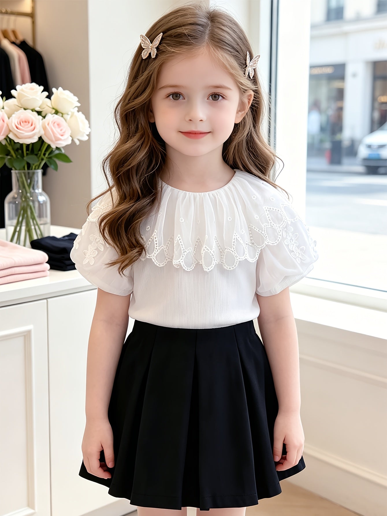 Girls' Summer Skirt Set with Lace Collar & Pleated Skirt