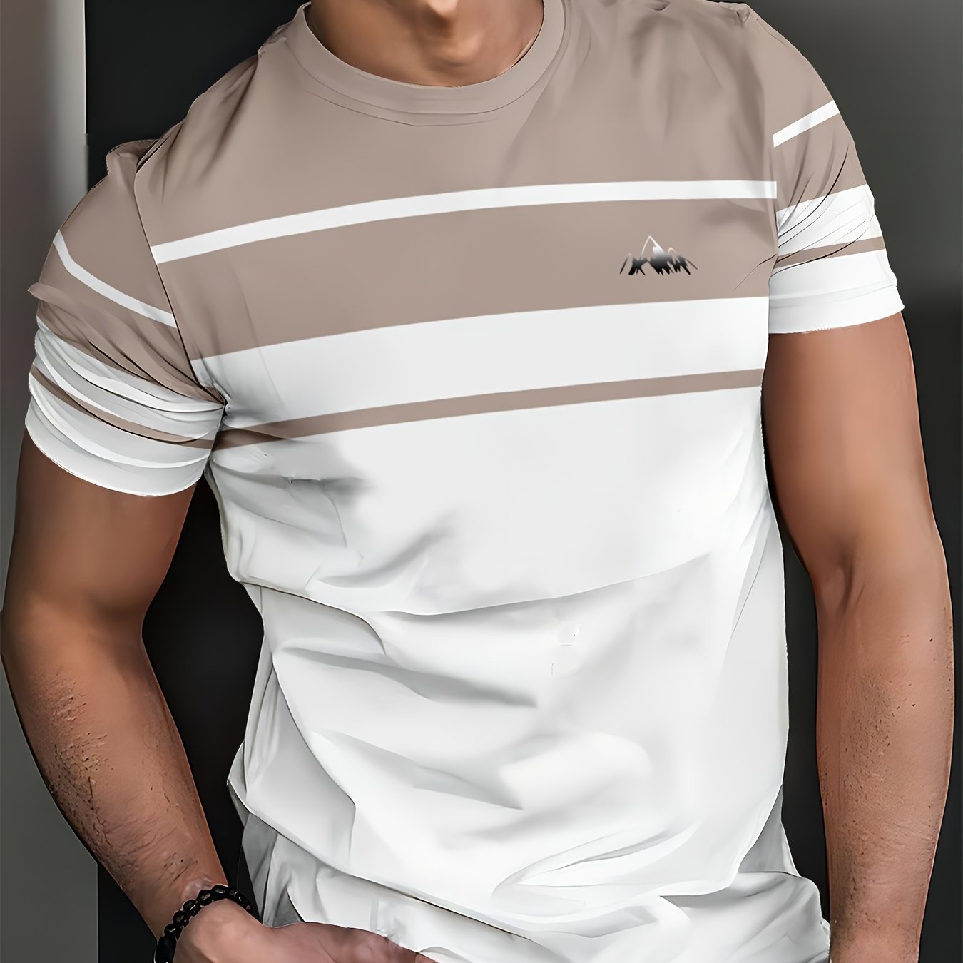 Men's Minimalist Modern T-Shirt - Lightweight Breathable Fabric Crew Neck Tee in White Beige - Everyday Casual Formal Summer Shirt - Machine Washable Everyday Essential, Horizontal Stripe Design, Smooth Texture Fabric