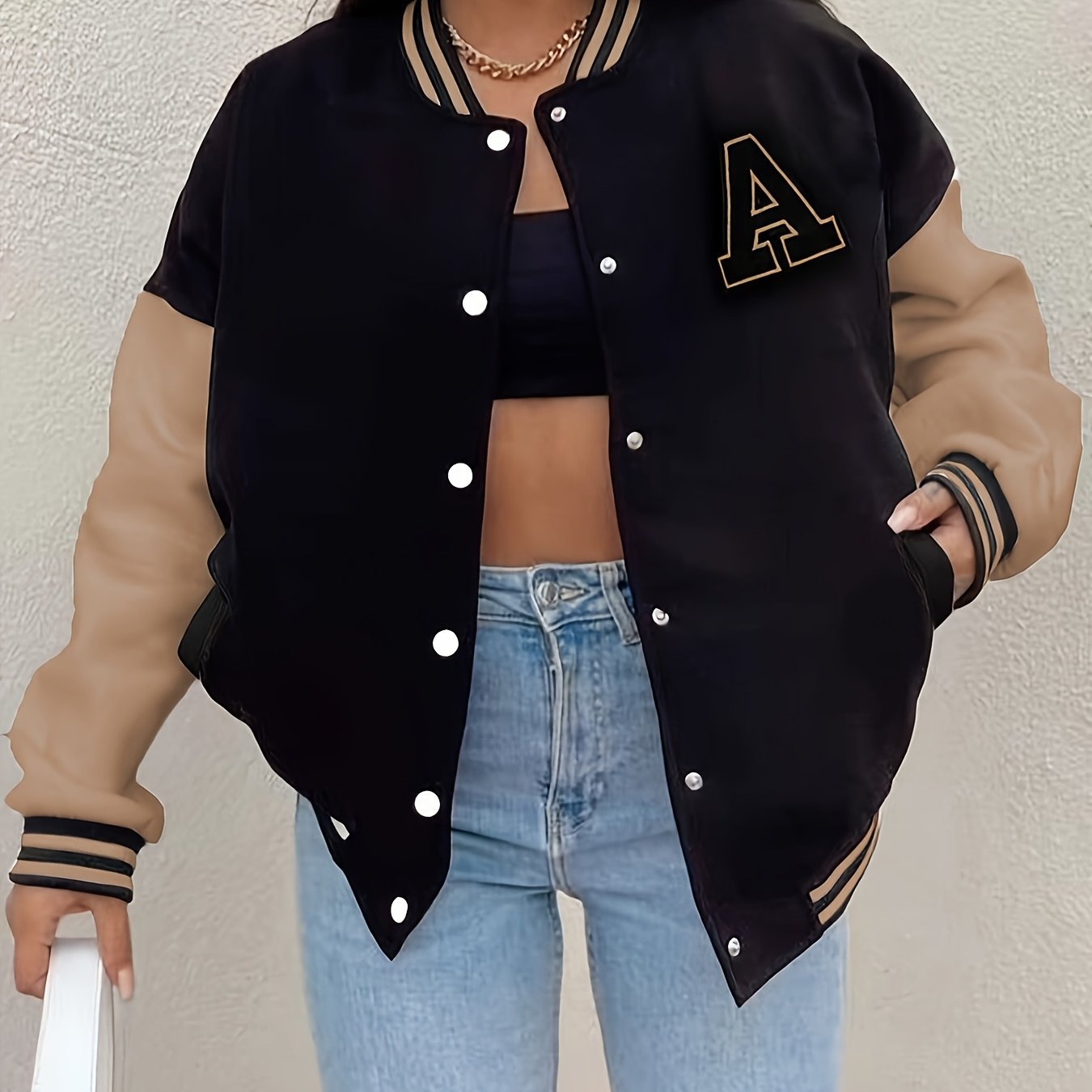Women'S Casual Long Sleeve Baseball Jacket with "A" Letter Detail - Black & Beige Two-Tone Design, Button-Up Front, Flap Pockets, Fall/Winter Fashion Outerwear, Autumn Winter Apparel | Buttonup Jacket | Functional Pockets