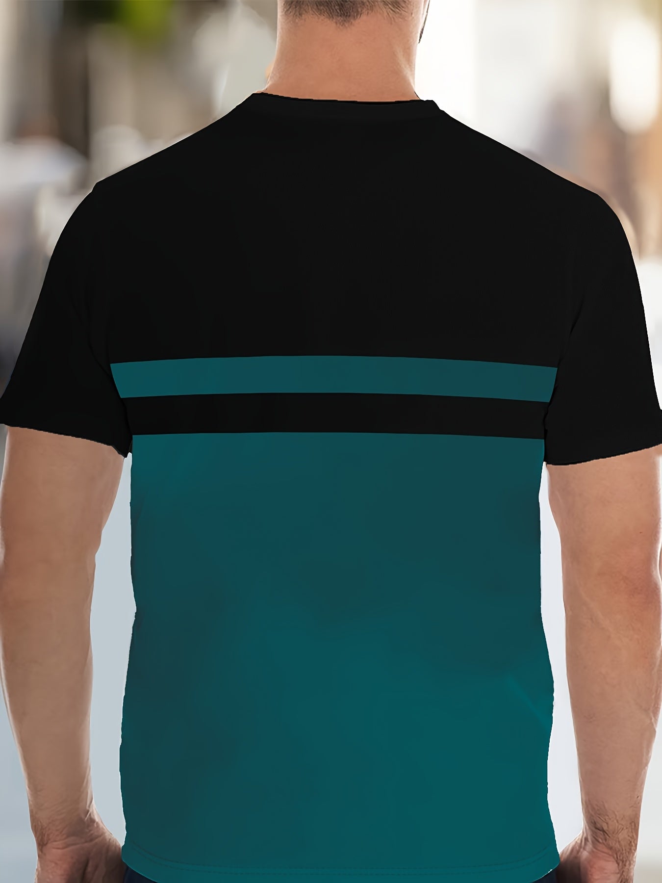 Men'S Novelty T-Shirt - Black Teal Color Block Design, Casual Crew Neck, Short Sleeve, Regular Fit, Polyester Fabric, Perfect for Casual Attire, Novelty T Shirt